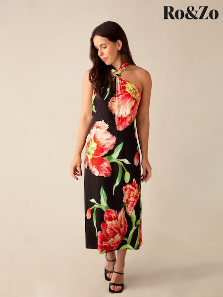 Ro&Zo Black Petite Petite Lyra Floral Halterneck Dress (B78465) | €83