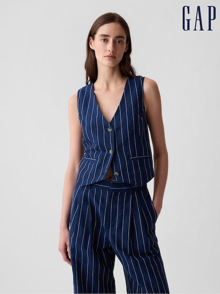 Gap Navy Blue Pinstripe Linen Cotton Waistcoat (B78521) | €27