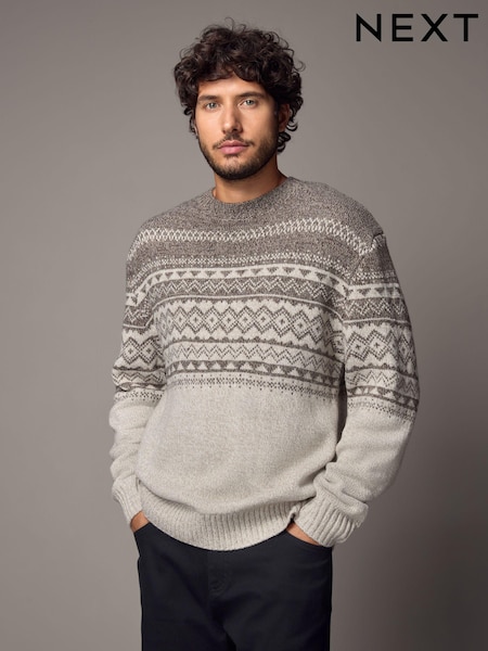 Бежевый/светло-бежевый - Вырез под горло - Regular Fit Fairisle Pattern Jumper with Wool (B78536) | €22