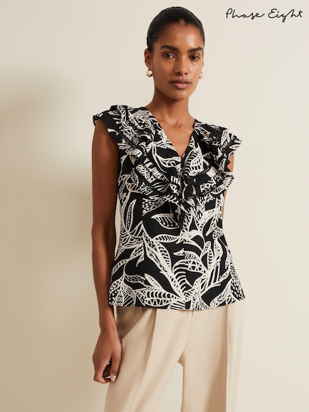 Phase Eight Black Ruffle Rosey Linen Top (B78547) | €54