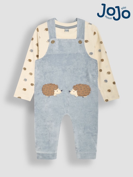 JoJo Maman Bébé Light Blue Hedgehog 2-Piece Velour Appliqué Dungarees & Top Set (B78650) | €47