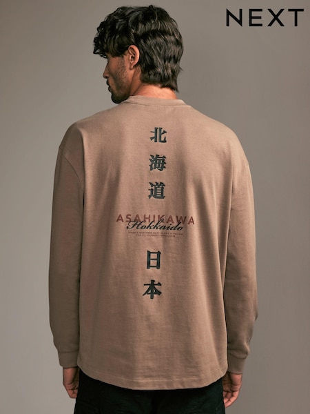 kameno siva - Relaxed Fit Long Sleeve Heavyweight Back Print Graphic 100% Cotton T-Shirt (B78655) | € 18