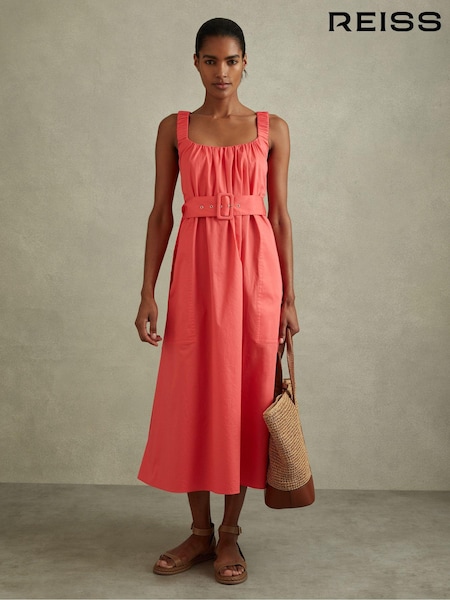 Reiss Coral Liza Cotton Ruched Strap Belted Midi Dress (B78656) | €70