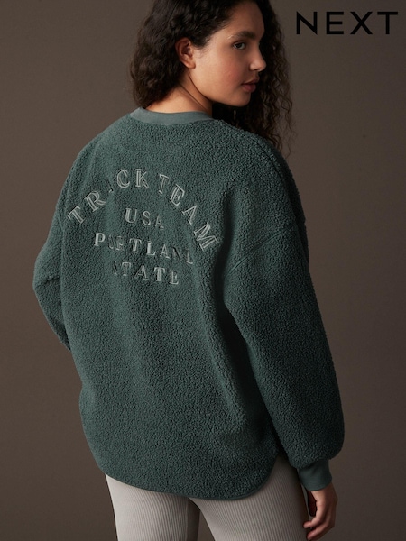 Teal Blue City Graphic Print Relaxed Fit Teddy Borg Fleece Cord Back Longline Crew Neck Sweatshirt (B78661) | 4,330 ISK
