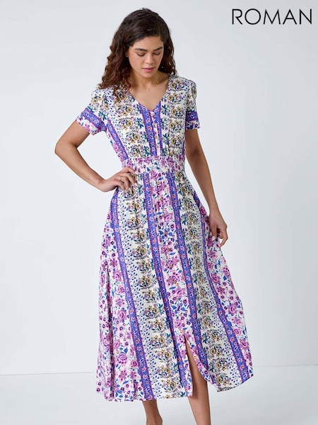 Roman Purple Abstract Print Button Maxi Dress (B78704) | €59