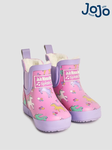 JoJo Maman Bébé Pink Unicorn Cosy Lined Fox Print Ankle Wellies (B78903) | €38 - €41