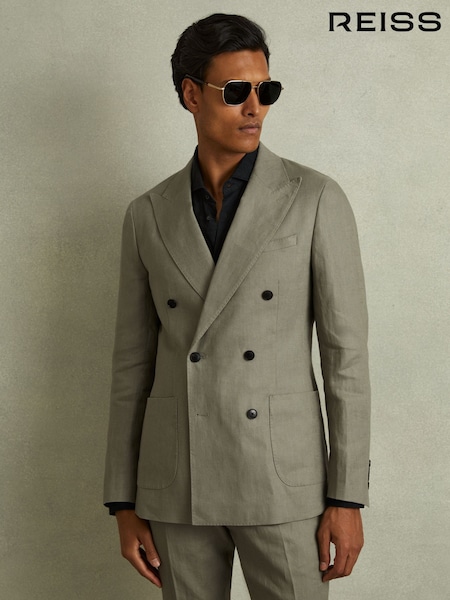 Ljus Sage Grön - Reiss Halgas Linen Double Breasted Modern Fit Blazer (B78910) | kr6 910