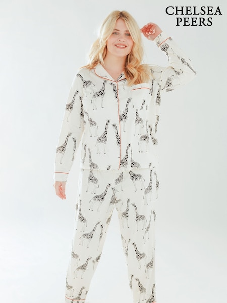 Chelsea Peers Cream Curve Giraffe Button Up Long Pyjama Set (B78920) | 238 QAR
