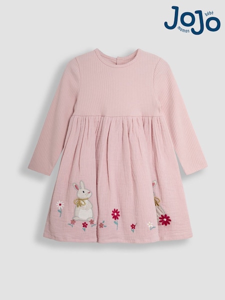 JoJo Maman Bébé Pink Bunny Applique Rib Cheesecloth Dress (B78951) | €34