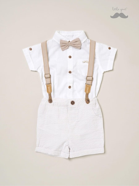 Natural - Little Gent Blue Shirt Bodysuit Bowtie 100% Cotton Shirt and Short Set (B78983) | 116 LEI