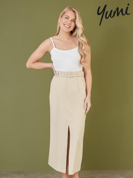 טבעי - Yumi 100% Cotton Midi Skirt With Belt And Split Hem (B79024) | ‏226‏₪
