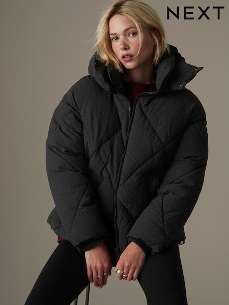 Black Shower Resistant Textured Padded Hooded Jacket (B79213) | €39.50
