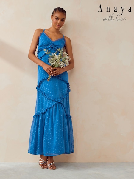 Anaya With Love Blue Metallic Flock Maxi Dress With Ruffles (B79438) | €55