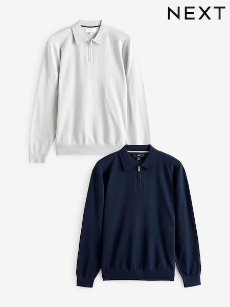Navy Blue/Light Grey 2 Pack Knitted Long Sleeve Polo Shirts (B79461) | €12