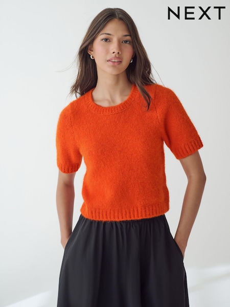 Orange Short Sleeve Crew Neck Jumper With Wool (B79578) | AED85