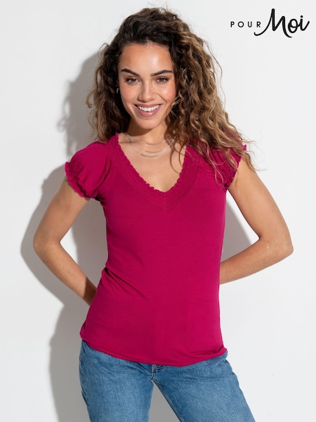 Pour Moi Pink Payton Contrast Stitch Cap Sleeve Stretch Jersey Top (B79666) | AED169
