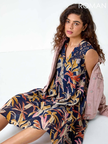 Roman 100% Cotton Tropical Lace Detail Tiered Dress (B79697) | €66
