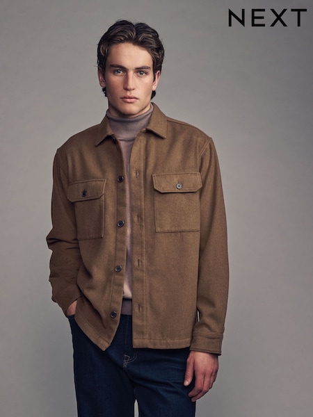 Tan Brown Twin Pocket Shacket Overshirt with Wool (B79705) | €31