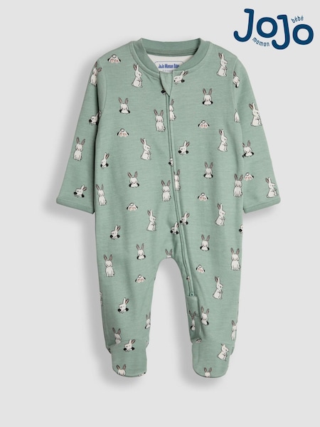 JoJo Maman Bébé Green Bunny Print Zip Cotton Baby Sleepsuit (B79717) | AED116