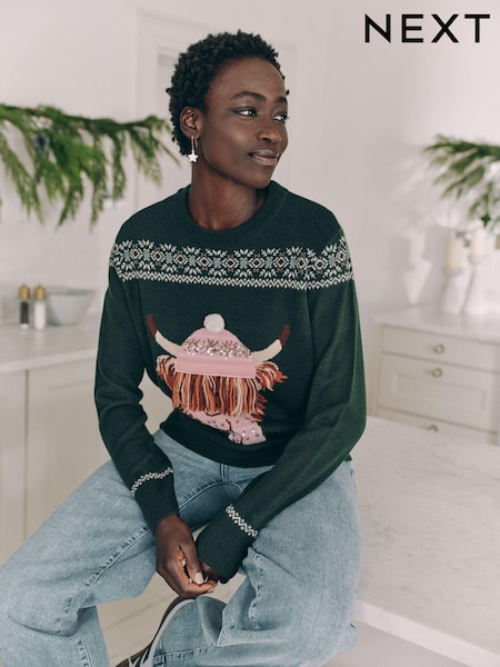 Dark Green Matching Family Womens Christmas Hamish The Highland Cow Jumper with Wool (B79726) | €4