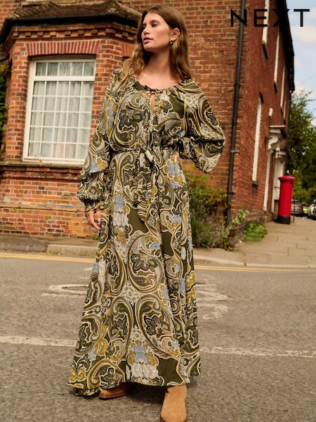 Verde kaki - Gathered Cravată Neck Volume Sleeve Rochie lungă (B79757) | 274 LEI