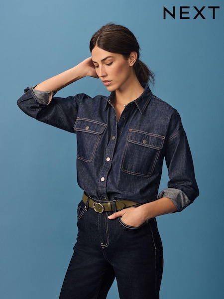 Rinse Blue Print Oversized Denim 100% Cotton Shirt (B79775) | OMR6