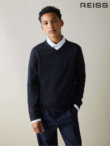 Reiss Navy Earl 9-13 yrs Merino Wool V-Neck Jumper (B79780) | €49