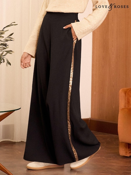 Love & Roses Black Petite Sequin Side Stripe Wide Leg Trousers (B79870) | 104 QAR