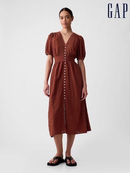 Gap Brown Puff Sleeve Button Front Broderie Midi Dress (B79871) | €52.50