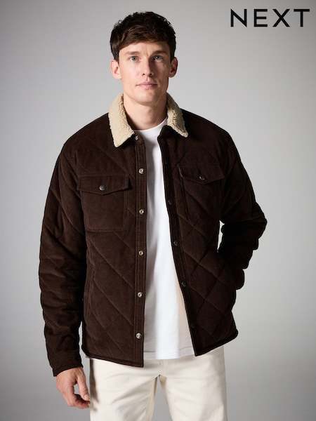 Brown Borg Lined Diamond Quilt Cord Shacket (B79885) | €48