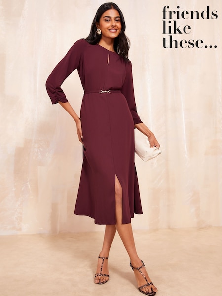 Friends Like These Burgundy Red Tulip Sleeve Belted Flute Hem Dress (B79891) | AED171