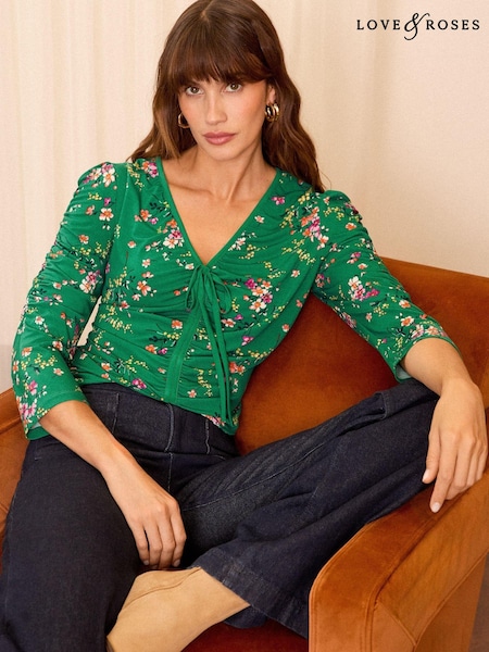 Verde cu flori - Bluză din jerseu cu volană Love & Roses (B80058) | 125 LEI