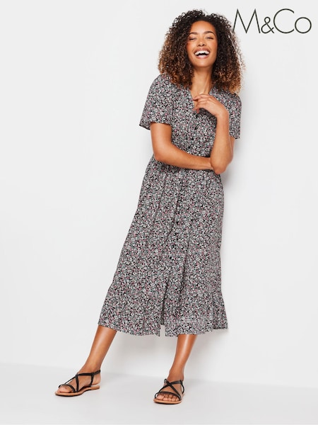 M&Co Black Floral Print Tie Waist Short Sleeve Maxi Dress (B80090) | €48