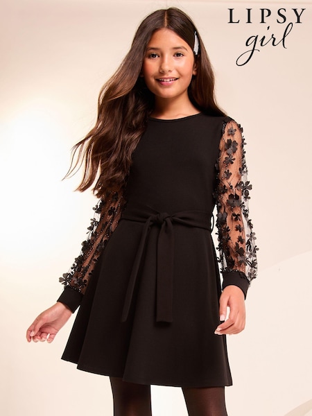 Lipsy Black 3D Flower Tie Waist Dress (B80135) | AED147 - AED178