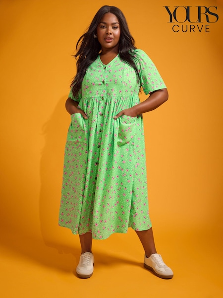 Yours Curve Green Daisy Print Smock Midaxi Dress (B80267) | €43