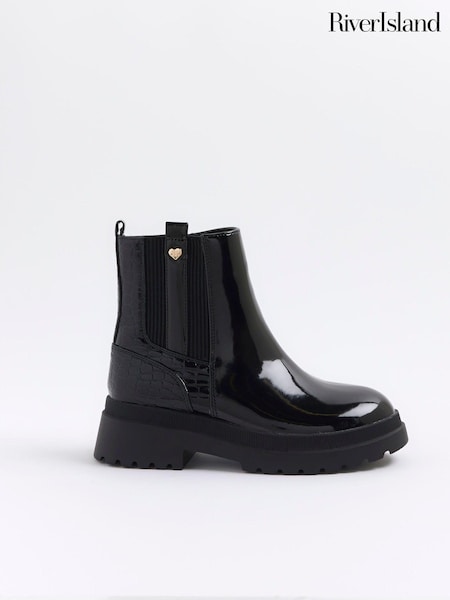 River Island Black Girls Patent Stud Chelsea Boots (B80344) | €18