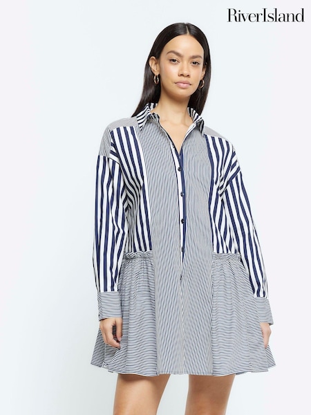 River Island Blue 100% Cotton Stripe Smock Shirt Dress (B80361) | €27