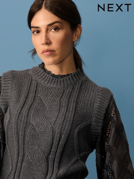 Green Khaki High Neck Collar Lace Layer Cable Knitted Jumper (B80394) | € 35