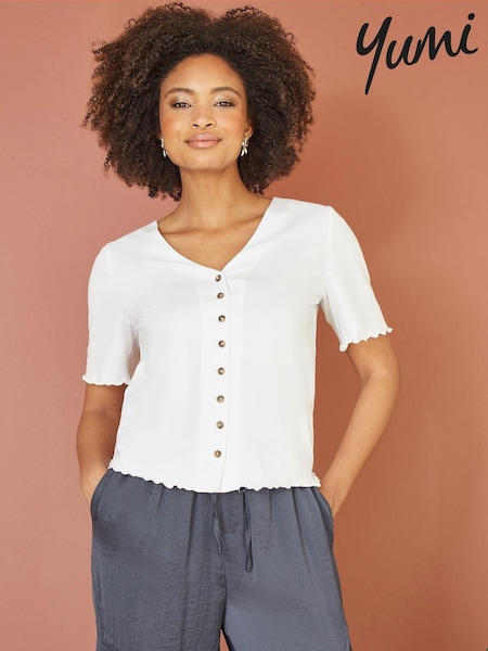 Yumi White 100% Cotton Button Detail T-Shirt (B80400) | €36