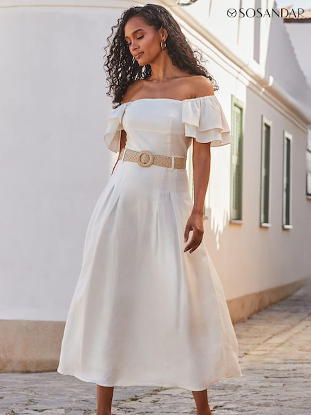 Sosandar Cream Linen Blend Midi Skirt (B80490) | $96