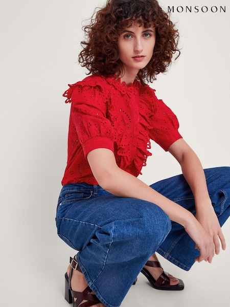 Monsoon Red Mari Broderie 100% Cotton Blouse (B80555) | €43.50