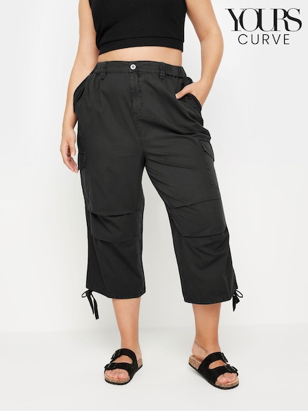 שחור - Yours Curve Cargo Cropped 100% Cotton Trousers (B80560) | ‏146‏₪