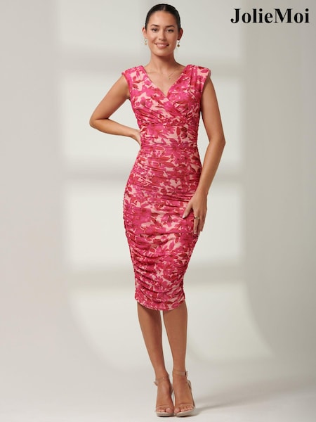 Jolie Moi Pink Pamela Ruched Mesh Bodycon Dress (B80616) | ₪392