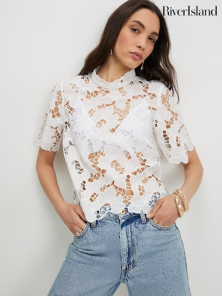 White - River Island Lace Short Sleeve Blouse