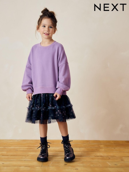 Lilac Purple/Black Floral Print 2-in-1 Long Sleeve Sweat Dress with Mesh Skirt (3-14yrs) (B80684) | €16 - €20