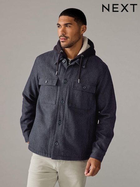 Navy Blue Hooded Borg Lined Textured Shacket (B80844) | €46
