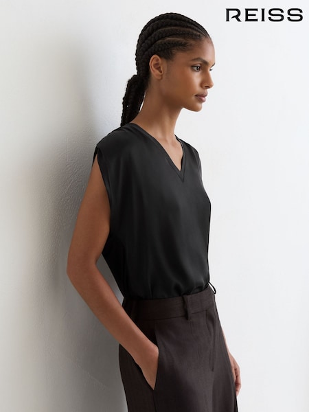 שחור - Reiss Renita Silk-front V-neck Sleeveless Top