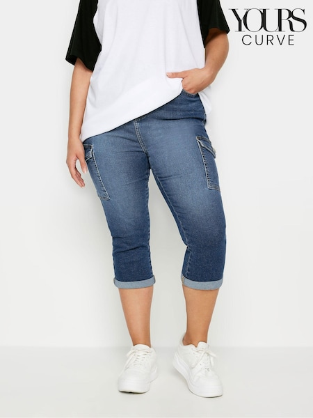 Yours Curve Mid Blue Denim Cropped Cargo Jeans (B81027) | €41