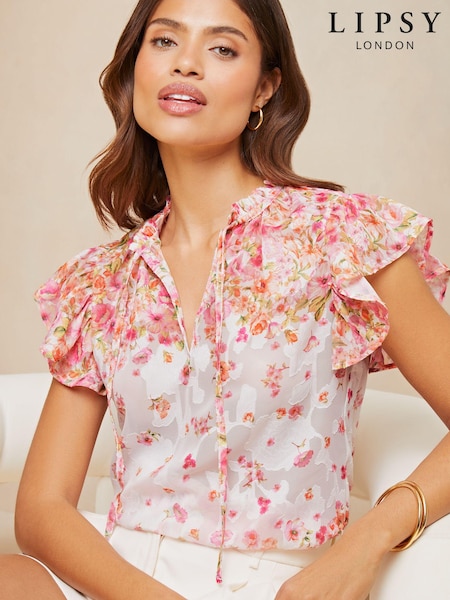 Lipsy White Ruffle Sleeve V Neck Tie Front Blouse (B81063) | 76 QAR