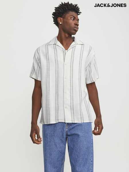 JACK & JONES White 100% Cotton Stripe Print Revere Collar Short Sleeve Shirt (B81077) | €19